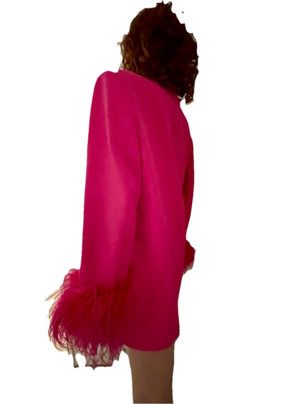 ZARA Straight Cut Hot PINK FEATHER BLAZER Jacket With Marabou Cuffs Size Large - Picture 6 of 13